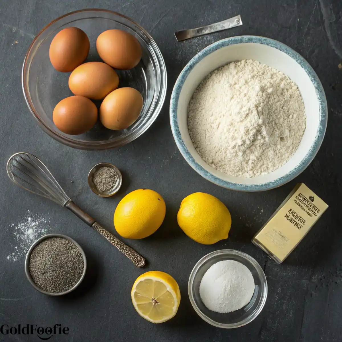 All Ingredients for Lemon Chia Seed Cake Lemon Chia Cake Ingredients Flat Lay