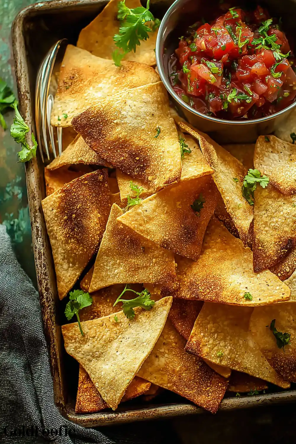 Healthy Baked Tortilla Chips No Oil 6 Baked tortilla chips with salsa and fresh cilantro