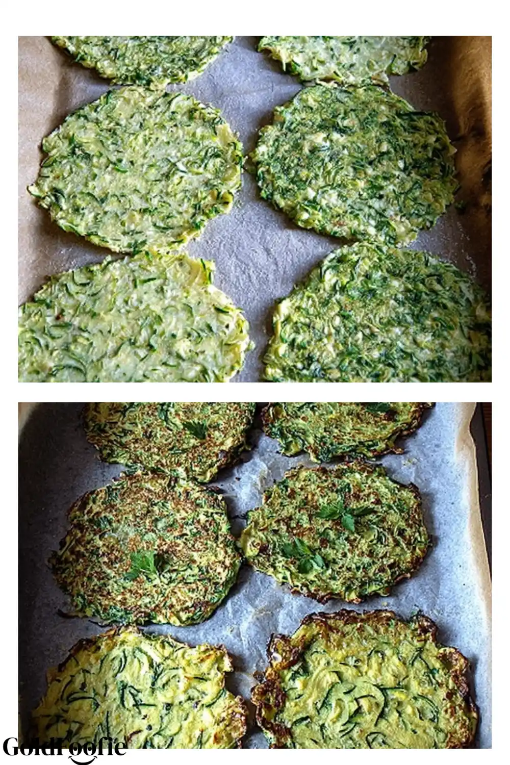Baking Zucchini Tortillas Before and After Raw and baked zucchini tortillas on parchment paper