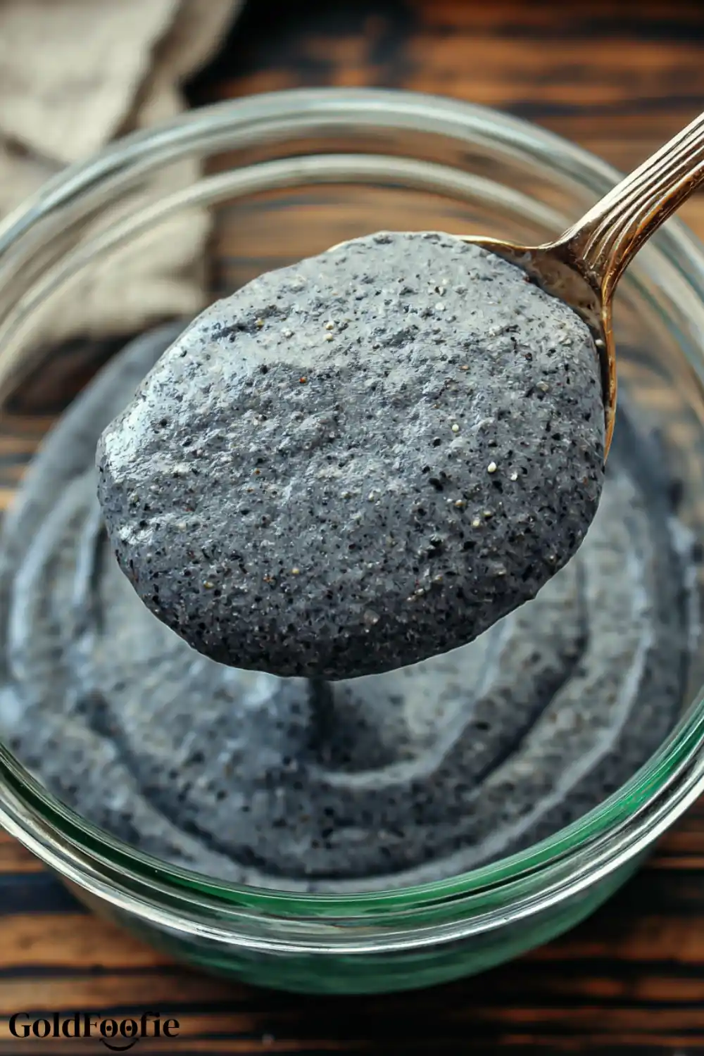 Blended Black Bean Tortillas Batter – Perfect Consistency Thick tortilla batter on a spoon over a glass jar
