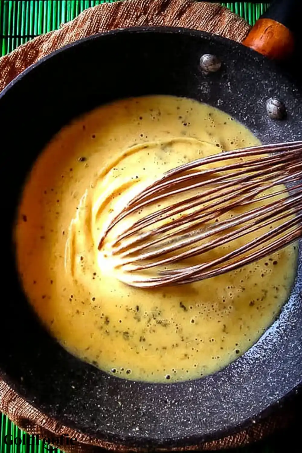 Chickpea Tortilla Batter Being Whisked to Perfection Whisking chickpea flour batter in black skillet