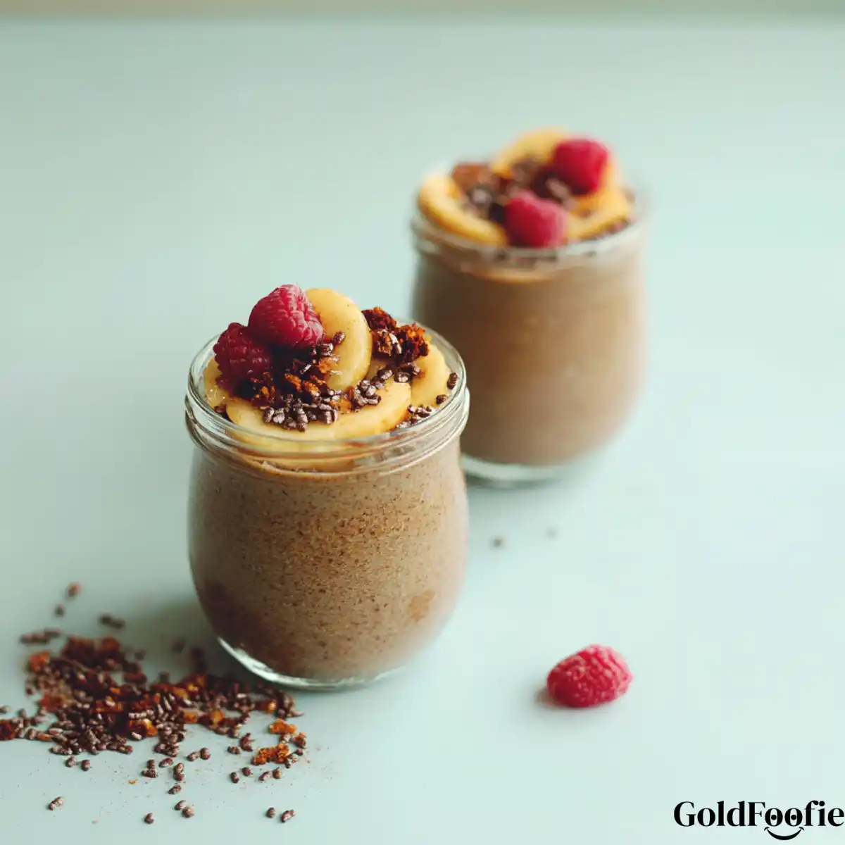 Chocolate Chia Pudding Jar Chocolate chia pudding with banana and raspberries