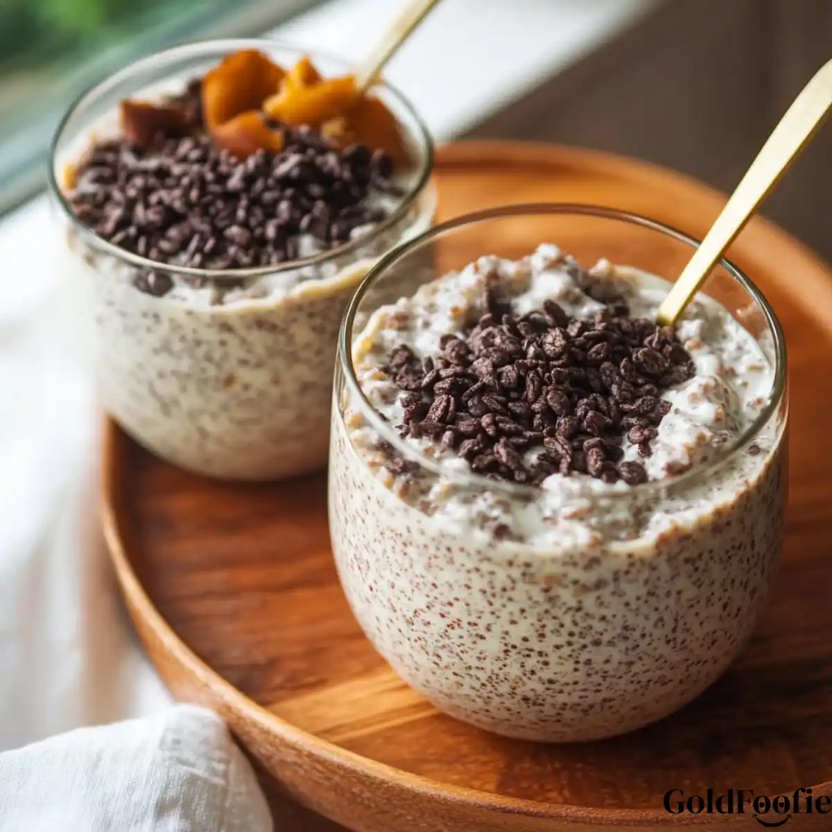 Cinnamon Chia Pudding in Glass Cups Creamy cinnamon chia pudding topped with cacao nibs