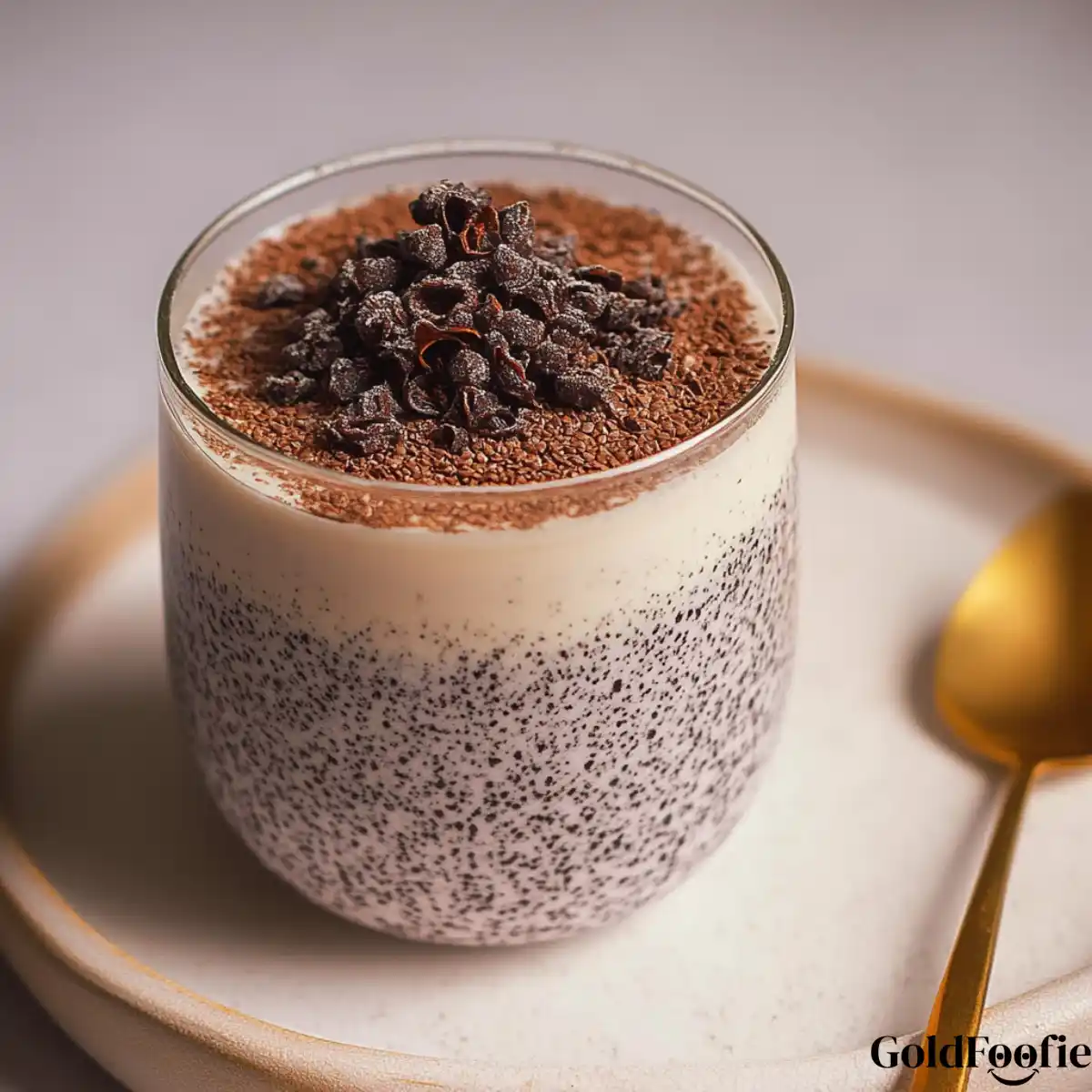 Cinnamon Chia Pudding with Creamy Topping Thick cinnamon chia pudding layered with cream and cacao