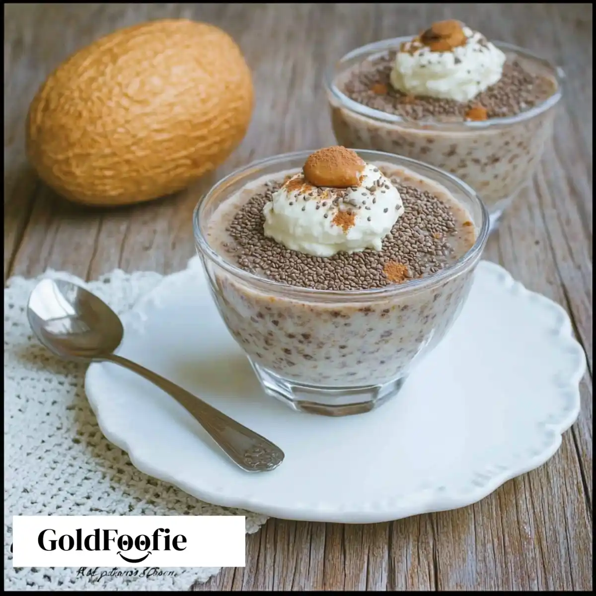 Classic Nutella Chia Pudding Presentation Nutella chia pudding in glass bowl with whipped cream