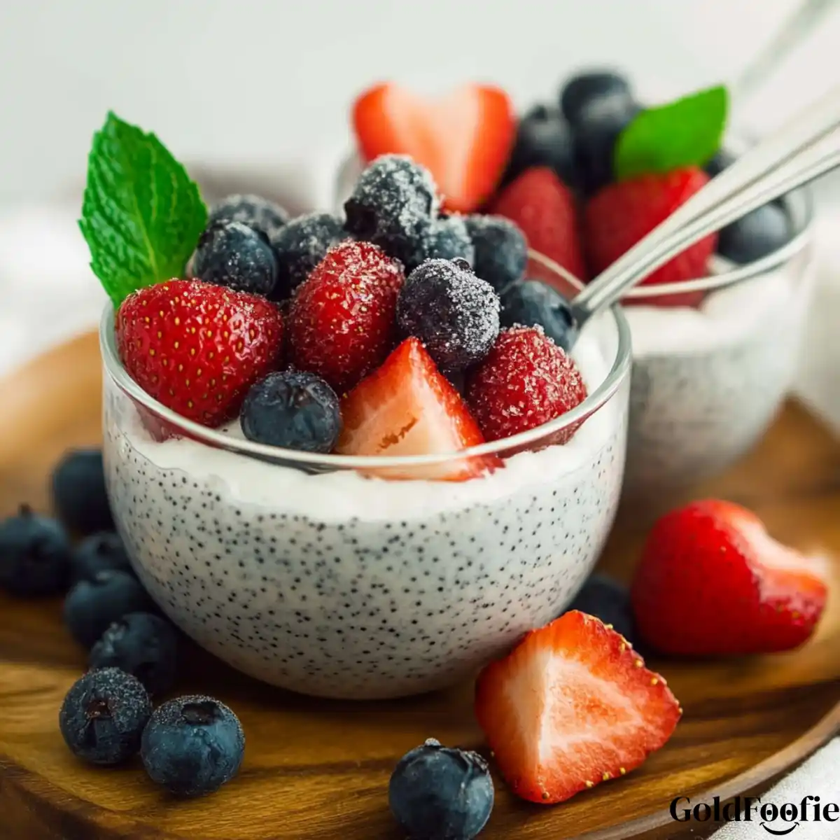 Coconut Chia Pudding in Glass Dish with Strawberries Berry-Topped Coconut Chia Pudding