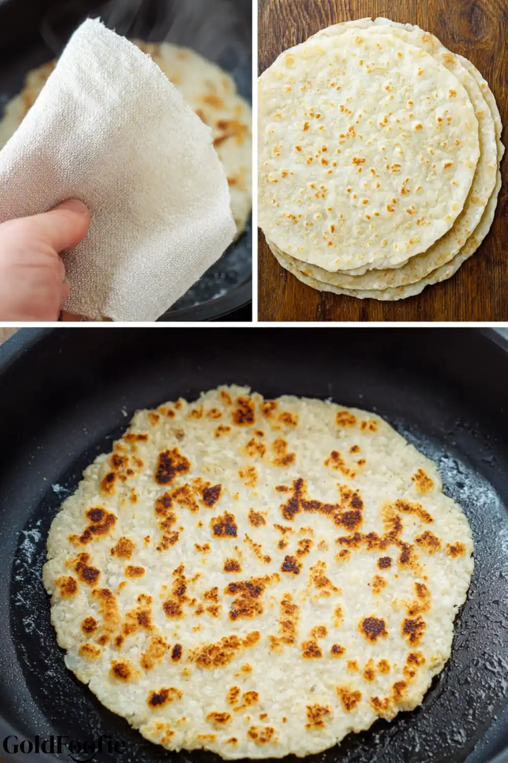 Cooking and Serving Almond Tortillas Almond tortilla cooking in a skillet and stacked on wood