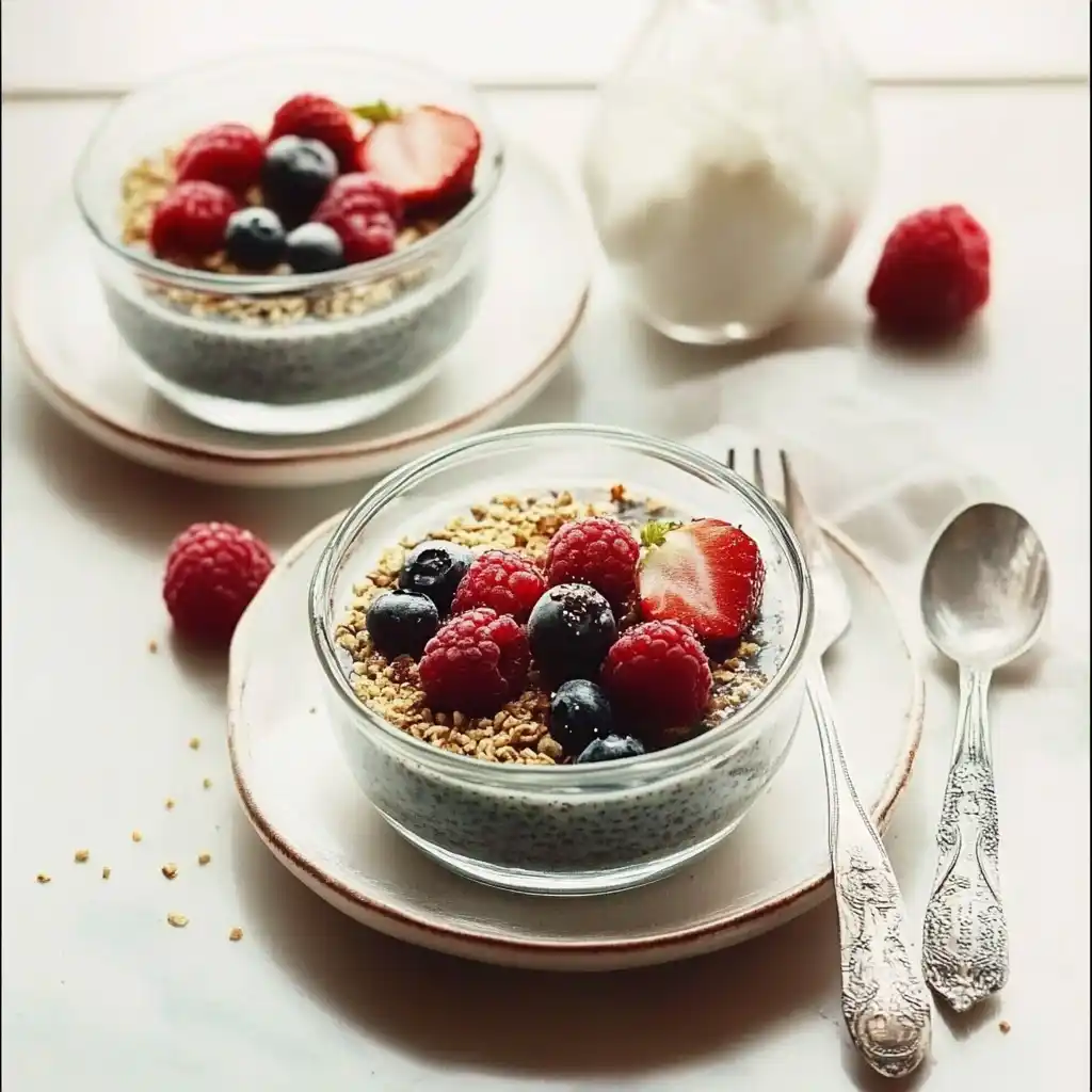 Creamy Vanilla Chia Pudding with Fresh Fruit Chia pudding with strawberry and mango topping