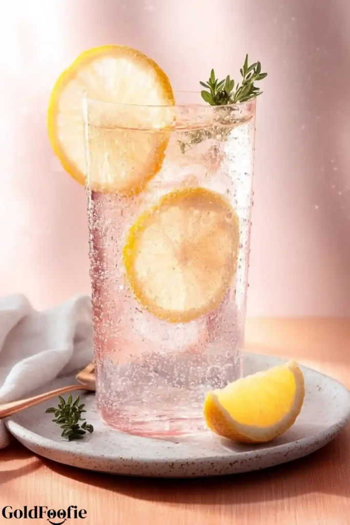 The Detox Weight Loss Drink That Actually Works 17 Tall glass of The Detox Weight Loss Drink with sparkling water, lemon, and thyme.