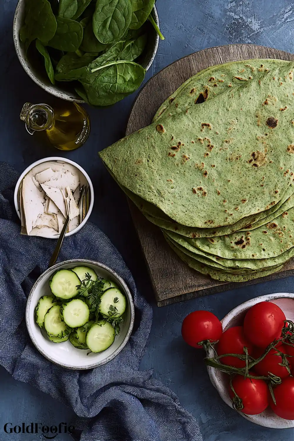 Flat Lay of Spinach Tortillas with Fresh Ingredients Overhead view of spinach tortillas with vegetables and olive oil