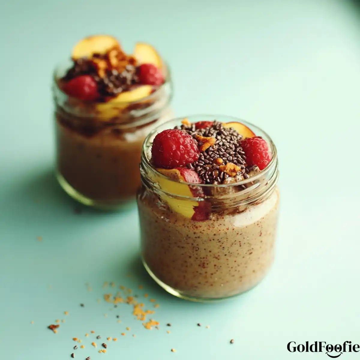 Fruity Chia Dessert Jars Chia pudding jars topped with raspberries and peaches