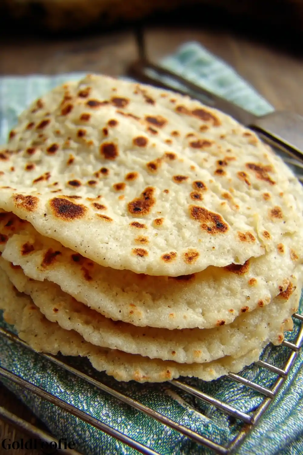 Gluten-Free Almond Tortillas Ready to Serve Close-up of low-carb almond tortillas stacked on a wire rack
