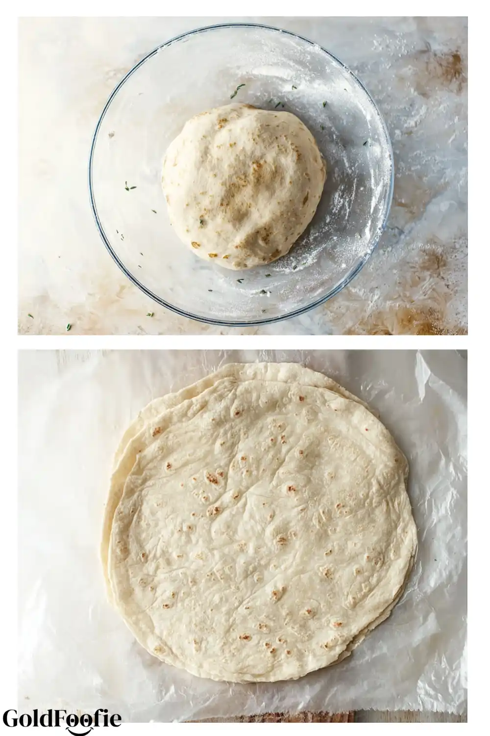 Gluten-Free Tortilla Dough Preparation Gluten-free tortilla dough in a bowl and a raw tortilla on parchment