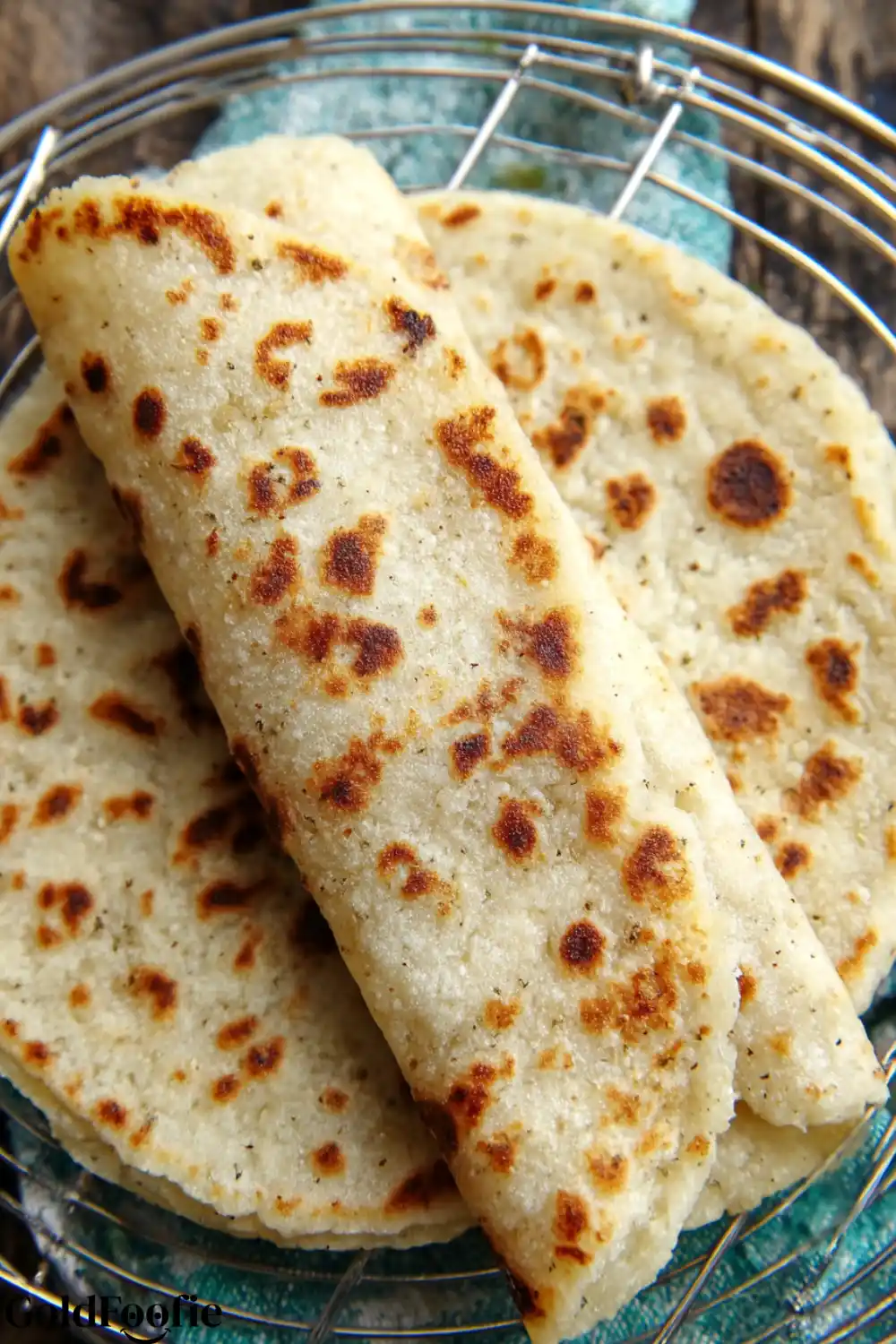 Almond Flour Tortilla Recipe 6 Stack of almond flour tortillas with top one rolled
