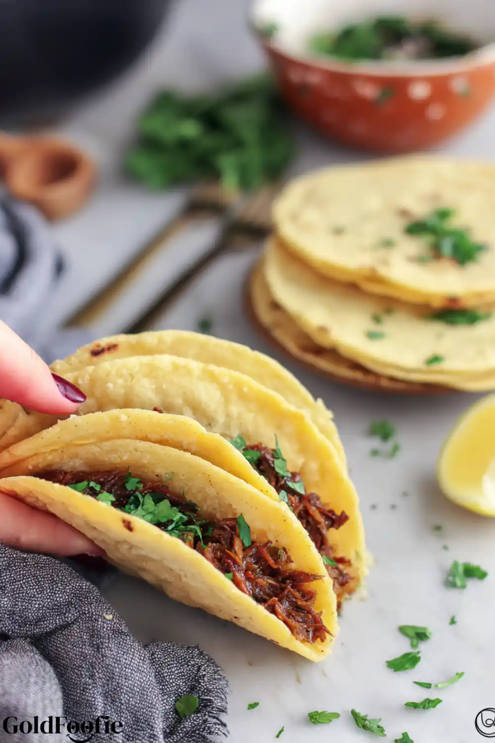 Homemade Keto Tacos with Fresh Herbs Hand holding keto tacos with fresh cilantro and stacked tortillas in background