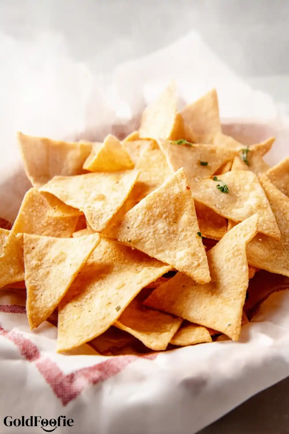 Homemade Keto Tortilla Chips Pile of triangle-shaped keto tortilla chips no cheese