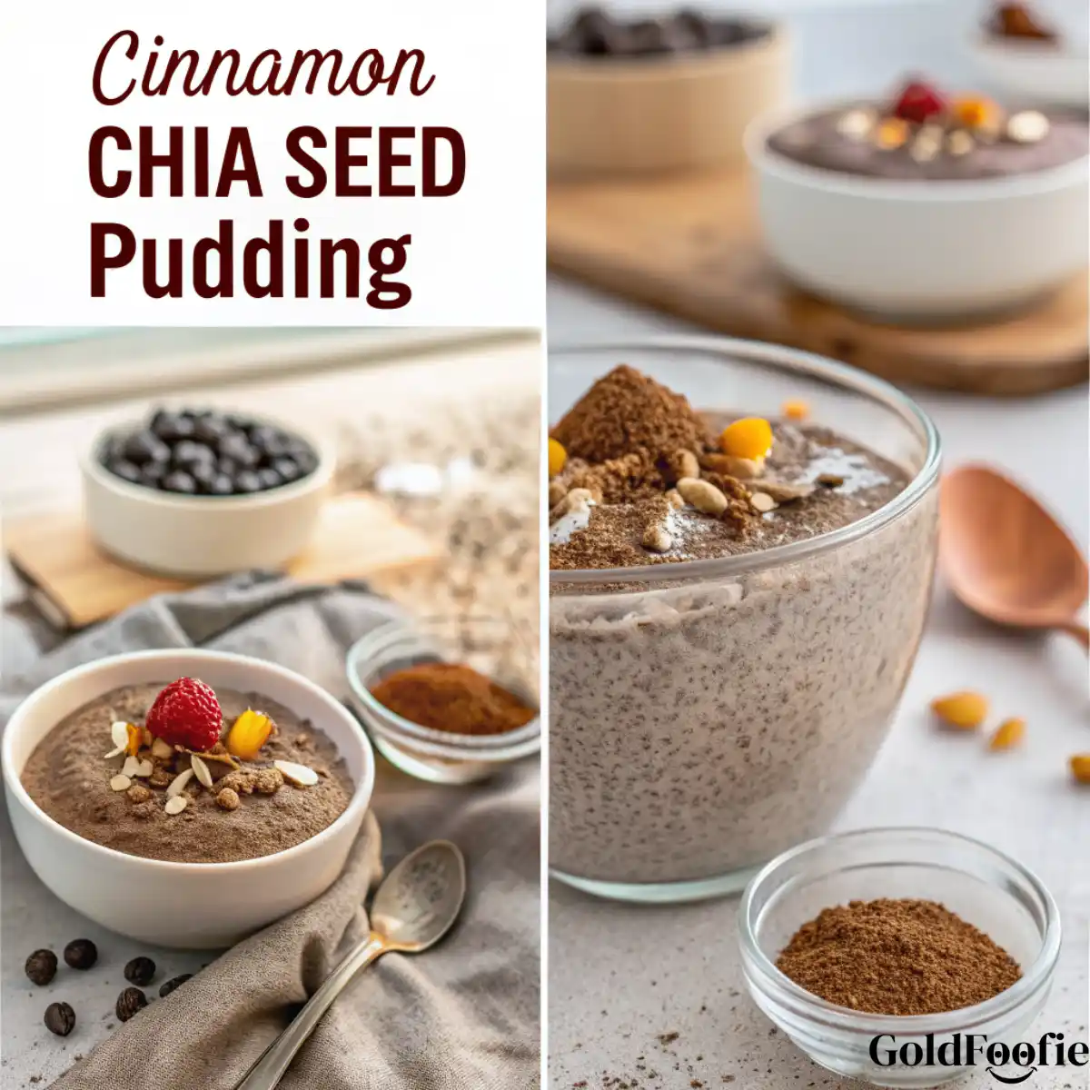 How to make Easy Cinnamon Chia Pudding Recipe Two bowls of cinnamon chia pudding with spice and fruit toppings