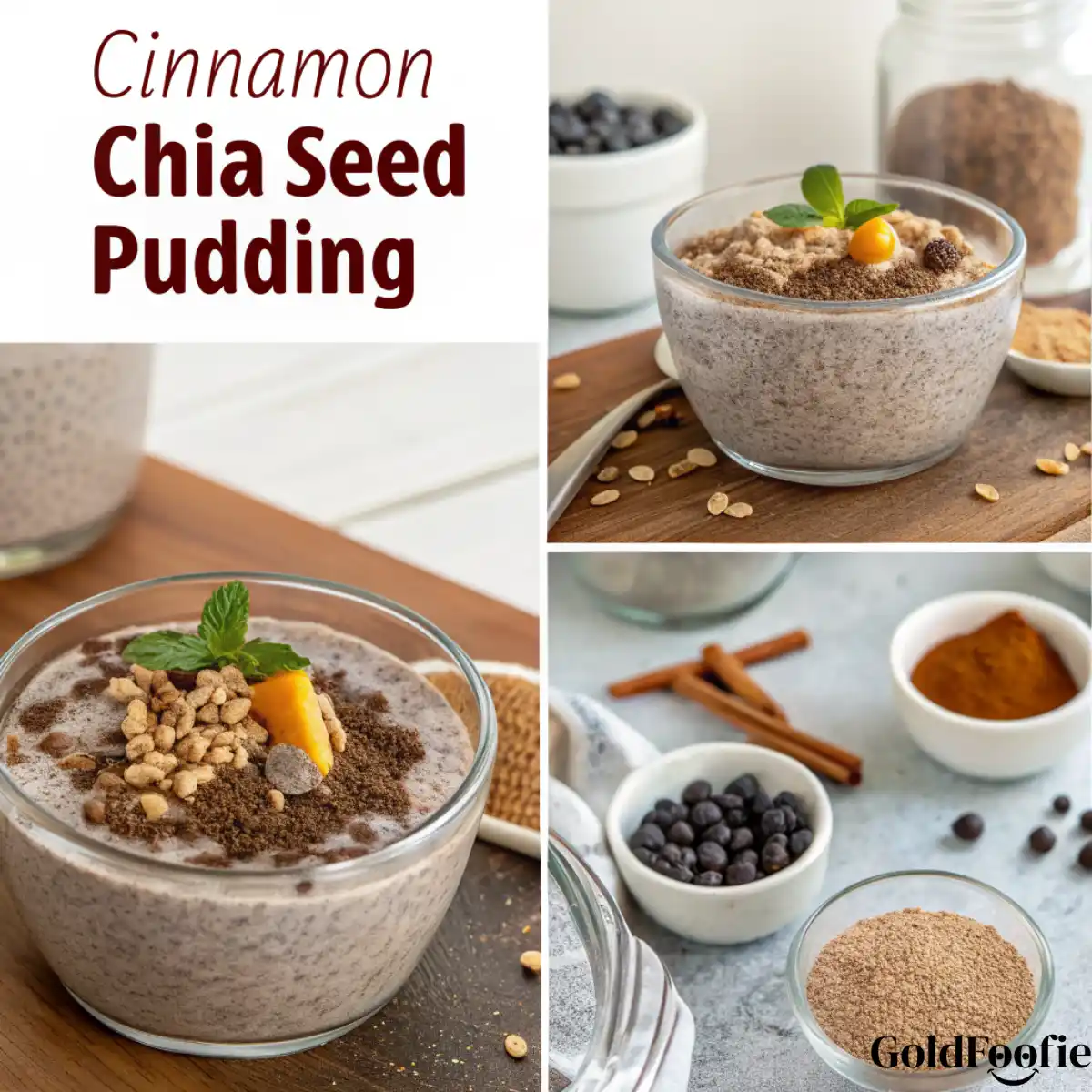 Ingredients for Healthy Cinnamon Chia Seed Breakfast Cinnamon chia pudding in glass bowls with toppings and ingredients