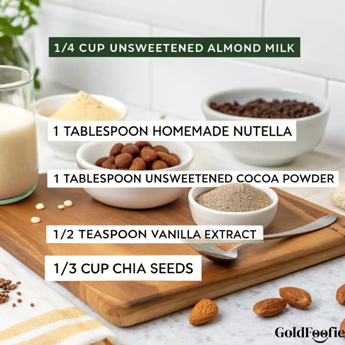 Ingredients for Nutella Chia Pudding Nutella chia pudding ingredients on table
