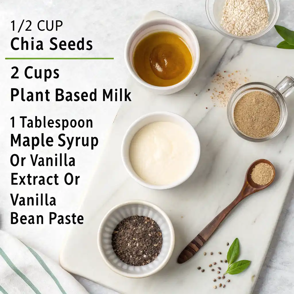 Ingredients for Vanilla Chia Pudding Vanilla chia pudding ingredients on table