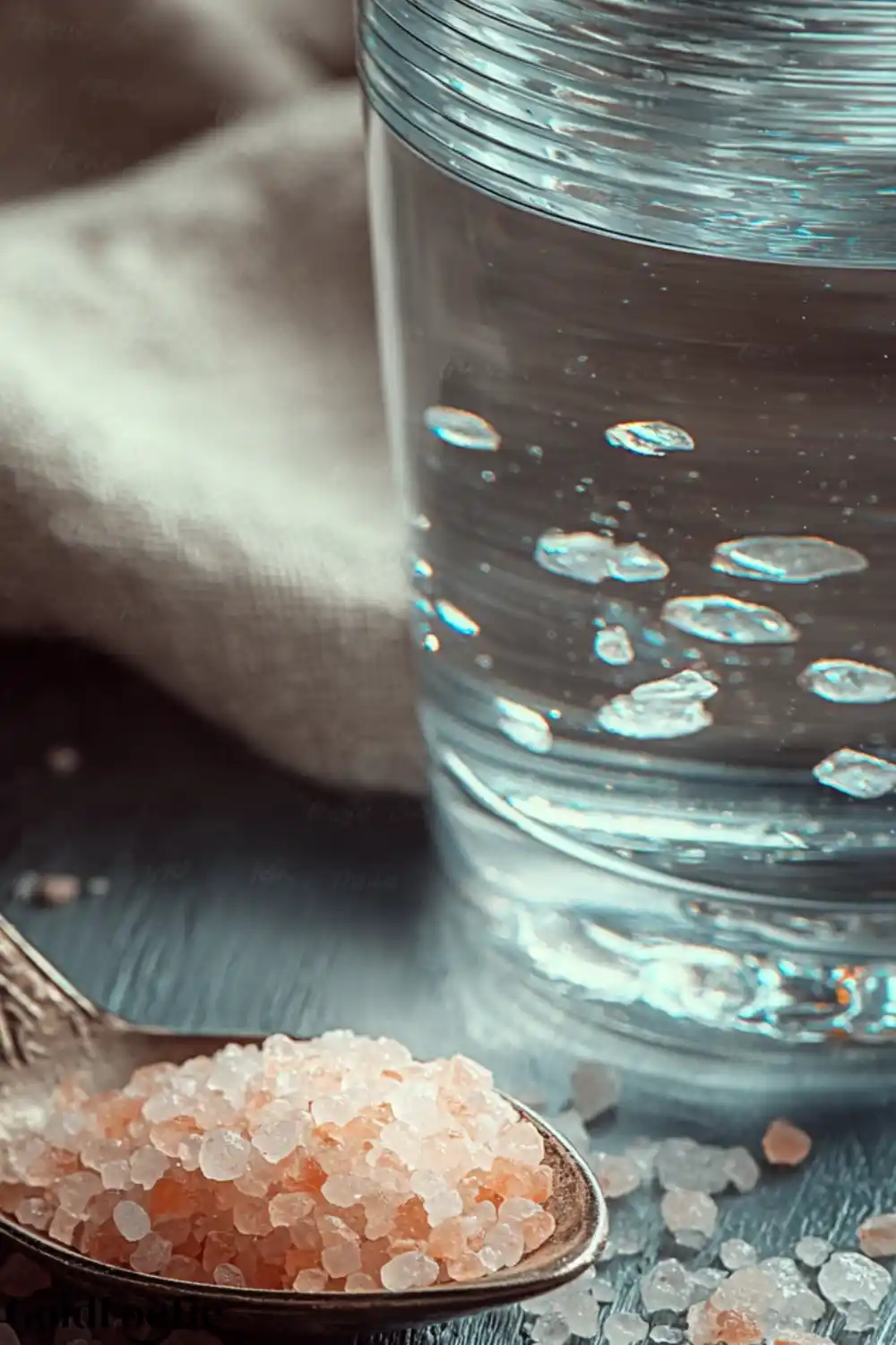 Lean Protein Finishing Salt Spoonful of pink Himalayan salt beside a glass of water