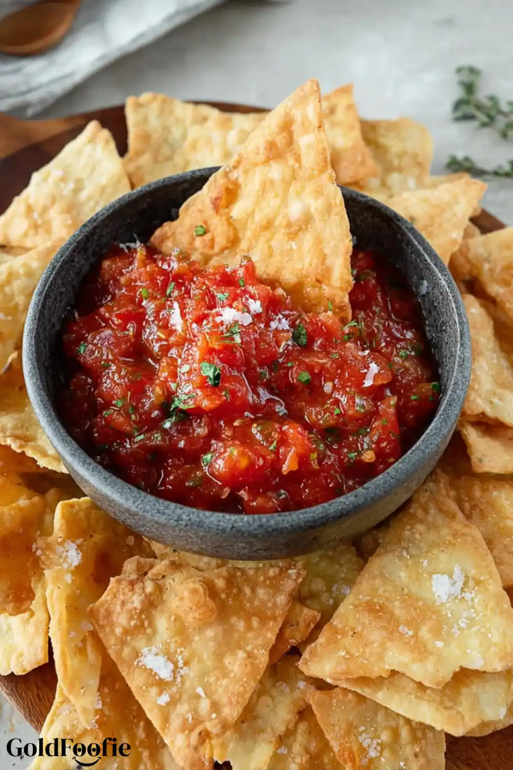 Air Fryer Low Carb Tortilla Chips Recipe 6 salsa with air fryer tortilla chips arranged around it.