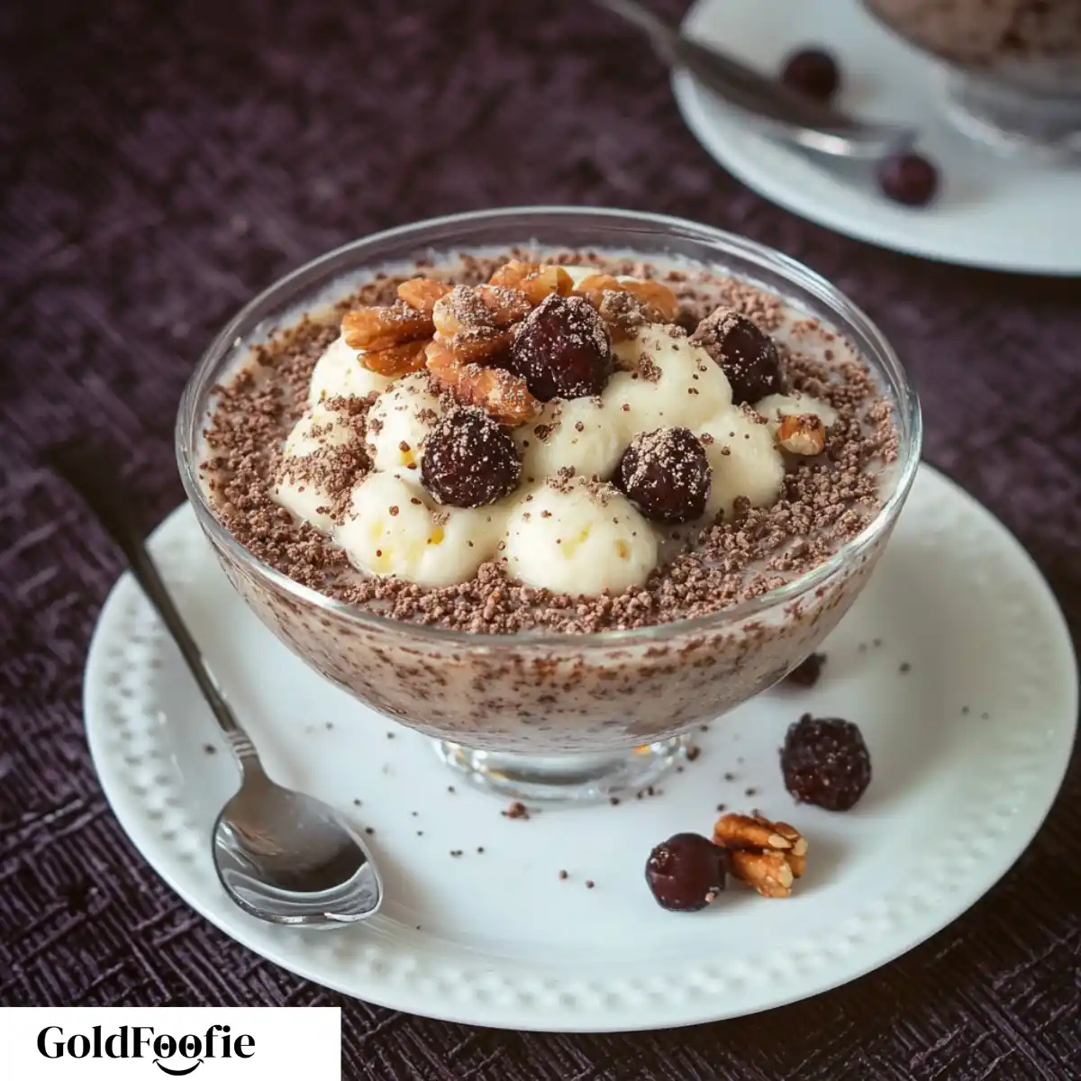 Nutella Chia Pudding with Cherries and Nuts Nutella chia pudding with cherry and cream toppings