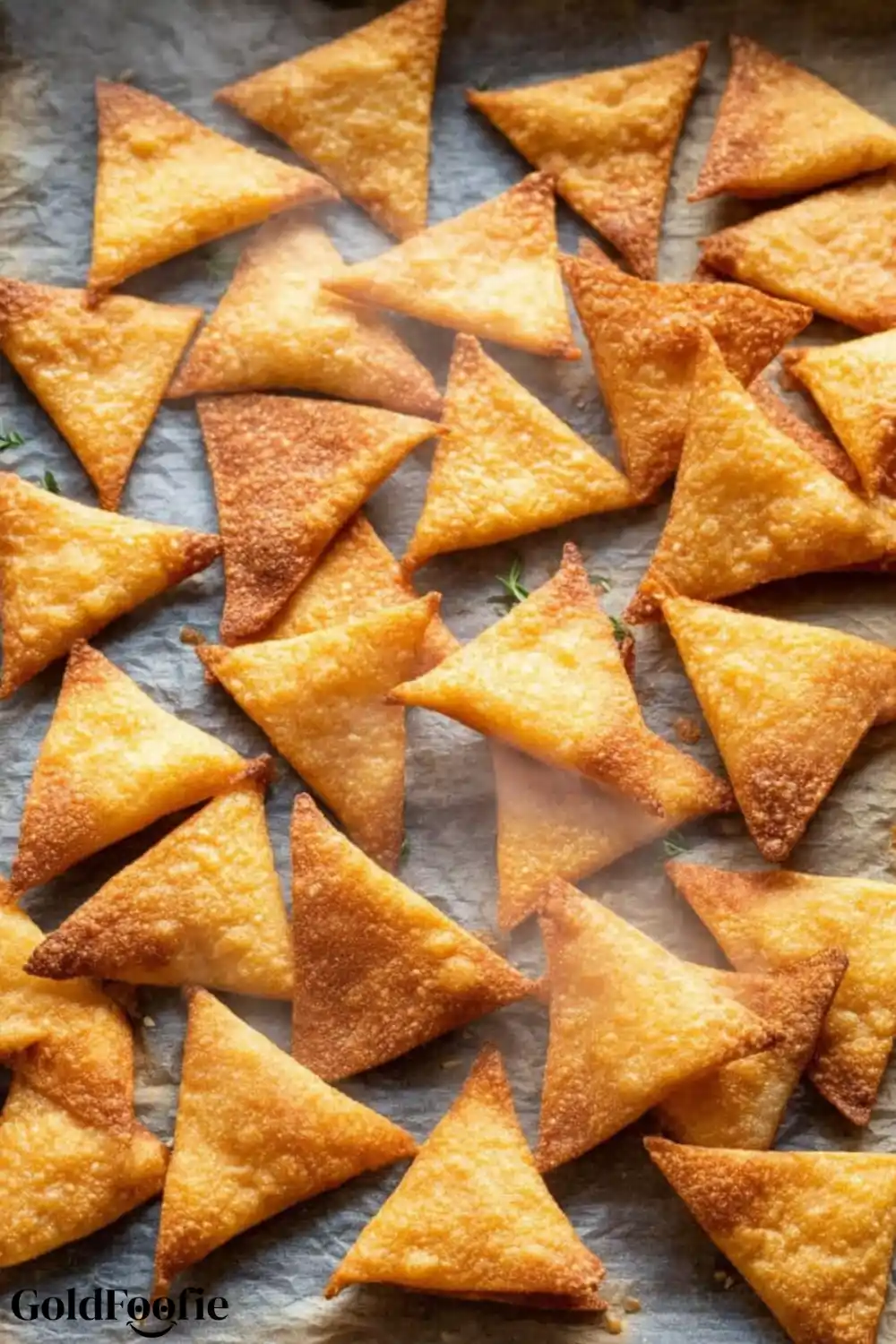 Oven-Baked Keto Chips Made From Scratch Baked almond flour keto tortilla chips on parchment paper