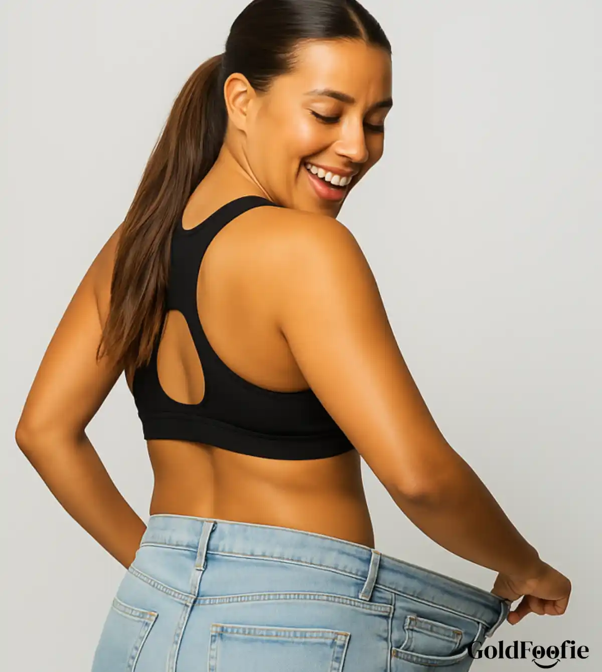 Real Results from Healthy Habits Smiling woman wearing loose jeans after successful weight loss