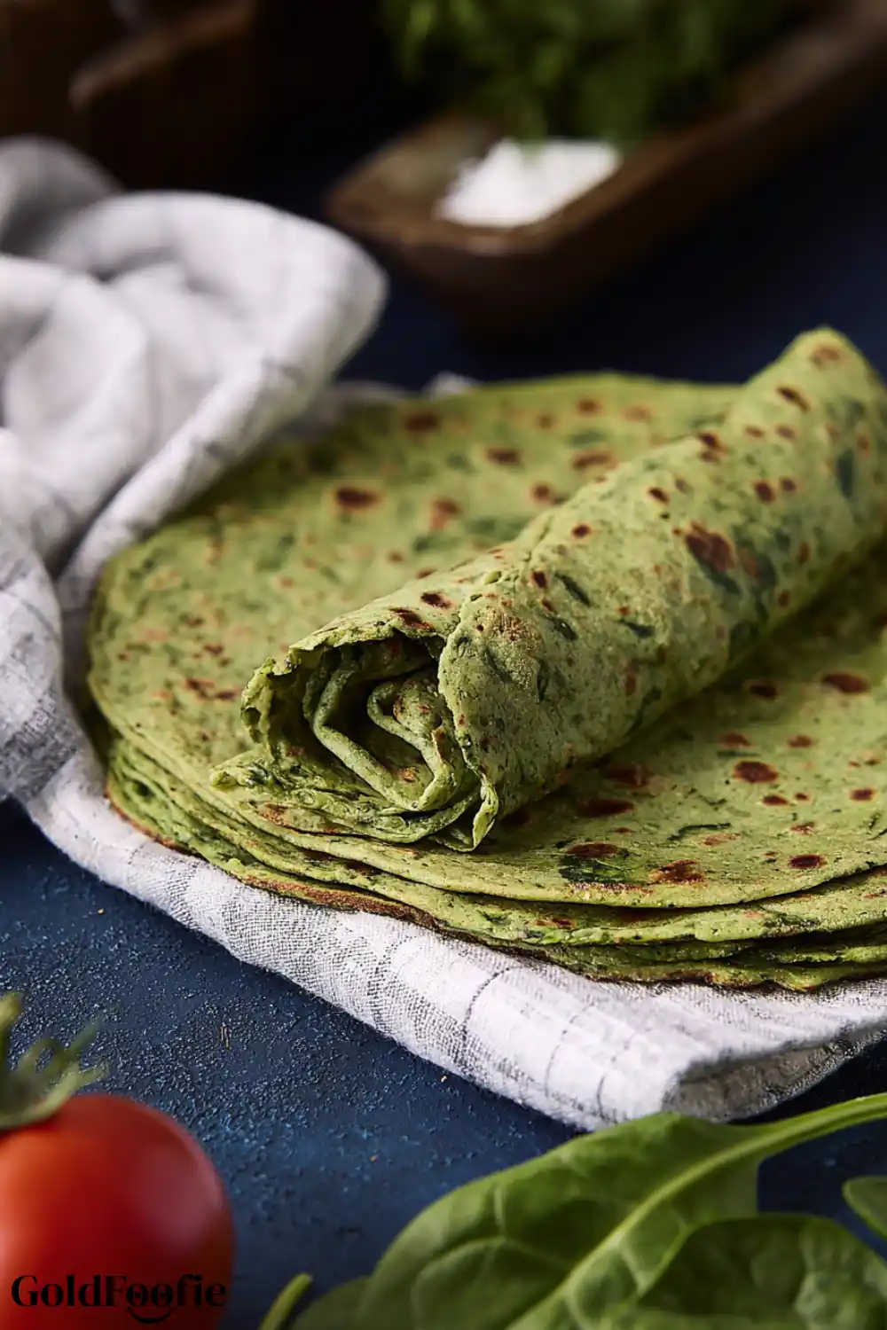 Rolled Grain-Free Spinach Tortilla Close-Up Rolled spinach tortilla placed on stack of flat tortillas