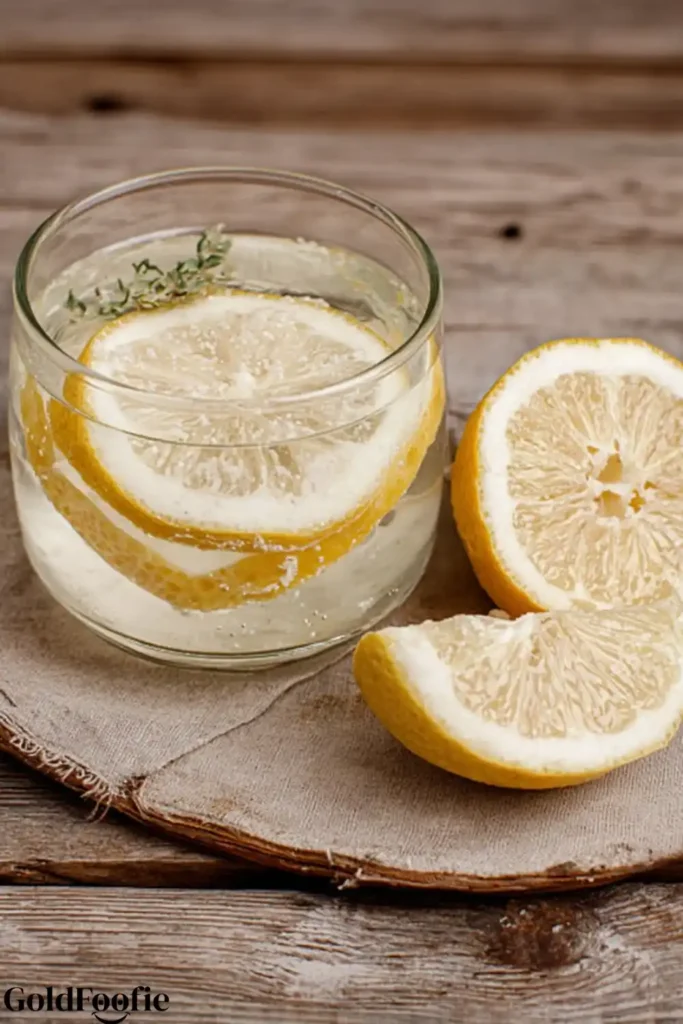 The Detox Weight Loss Drink That Actually Works 18 The Detox Weight Loss Drink in a rustic glass with thick lemon slices and thyme.