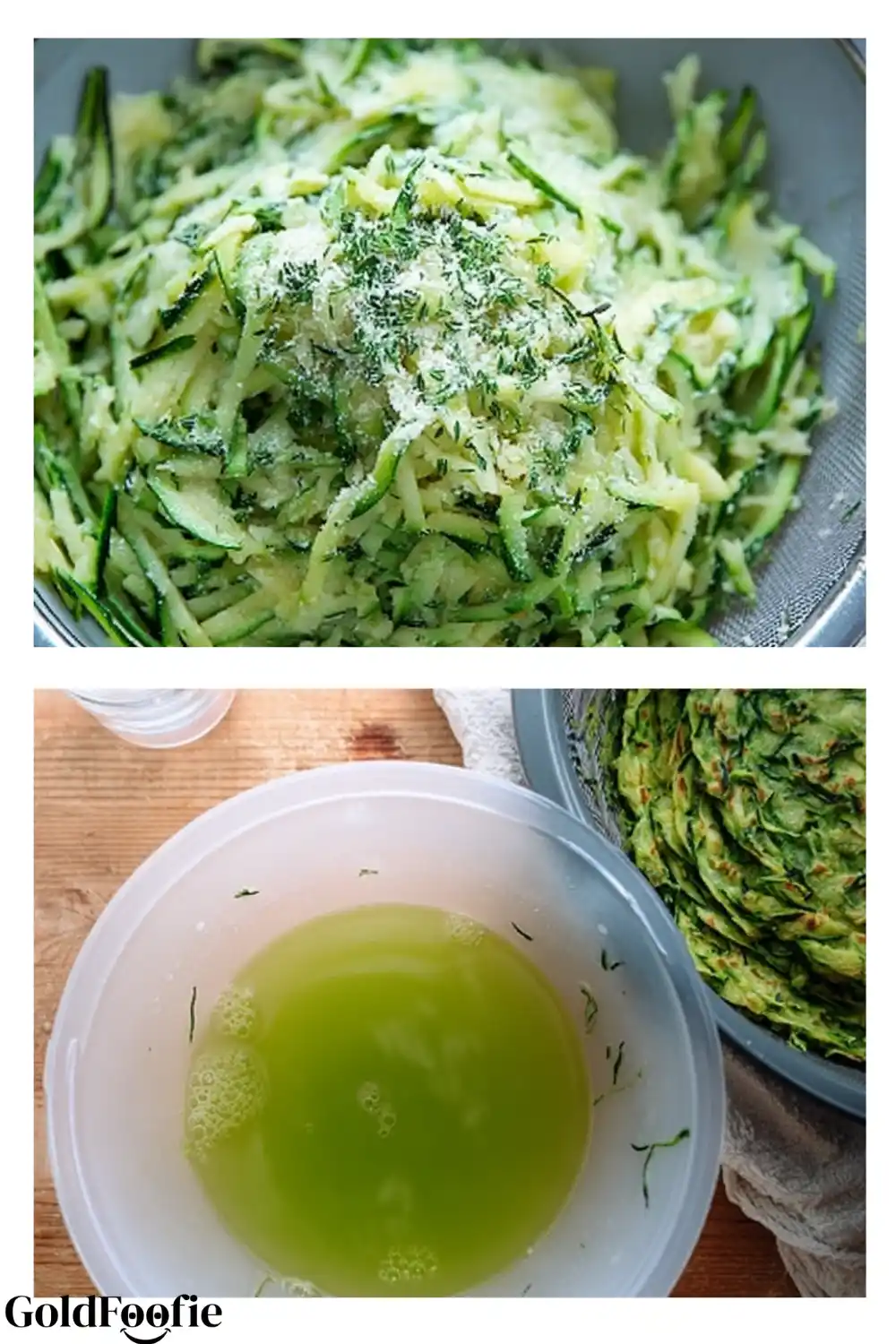 Salting and Draining Zucchini Grated zucchini with salt and bowl of drained liquid