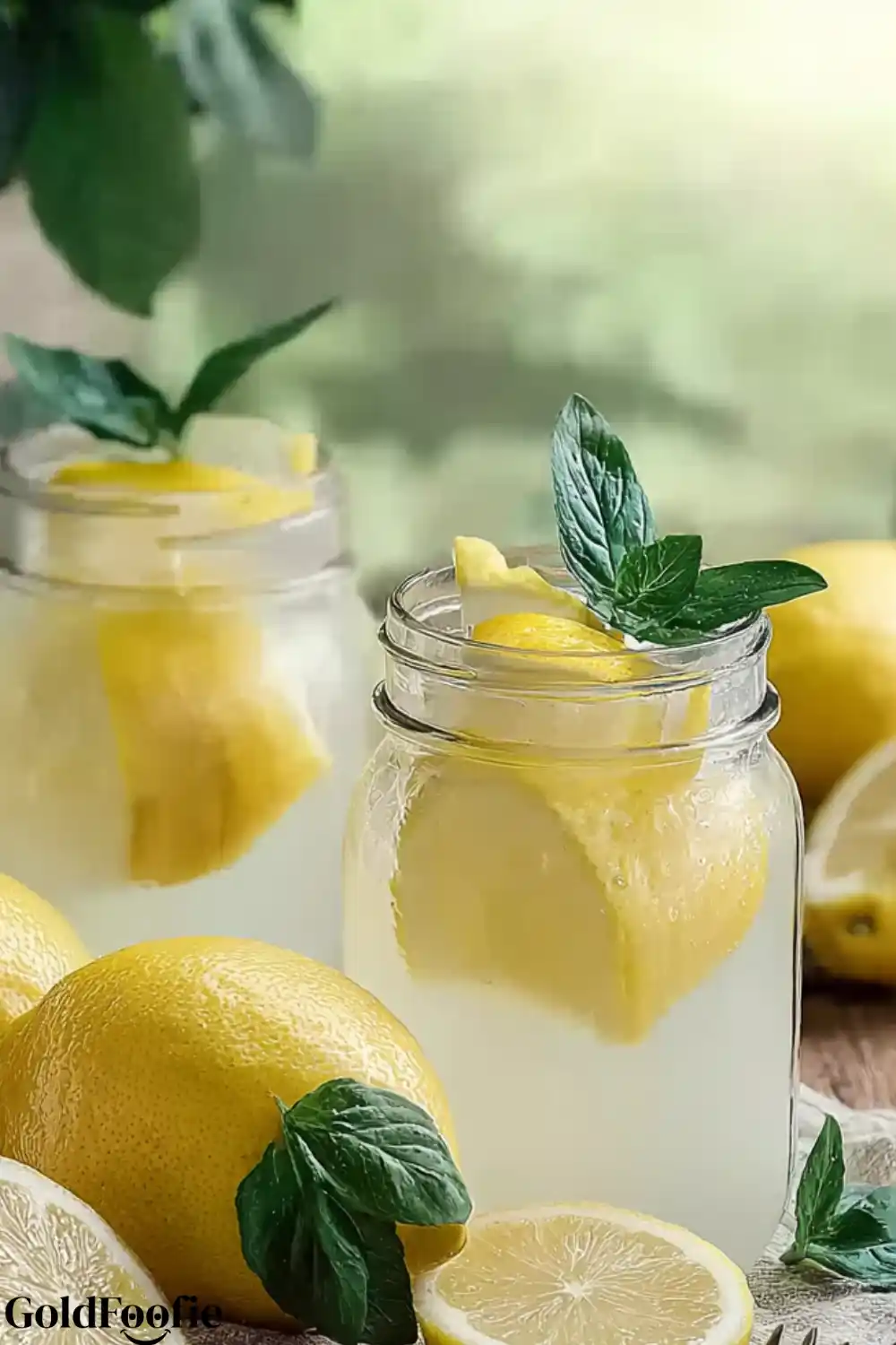Soothing Evening Detox Broth Mason jars of lemon detox drink with mint and fresh lemons