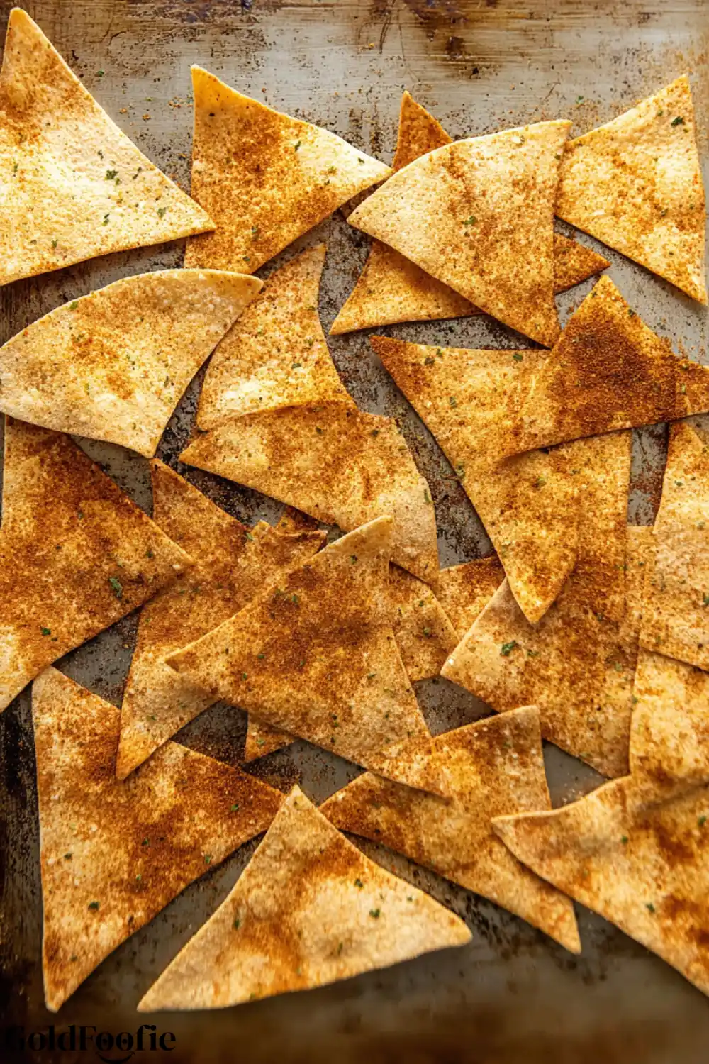 Low Carb Tortilla Chips, Quick Tasty and Simple(No Rolling Dough, only 10 Minutes!) 6 Seasoned tortilla chips spread on a baking tray