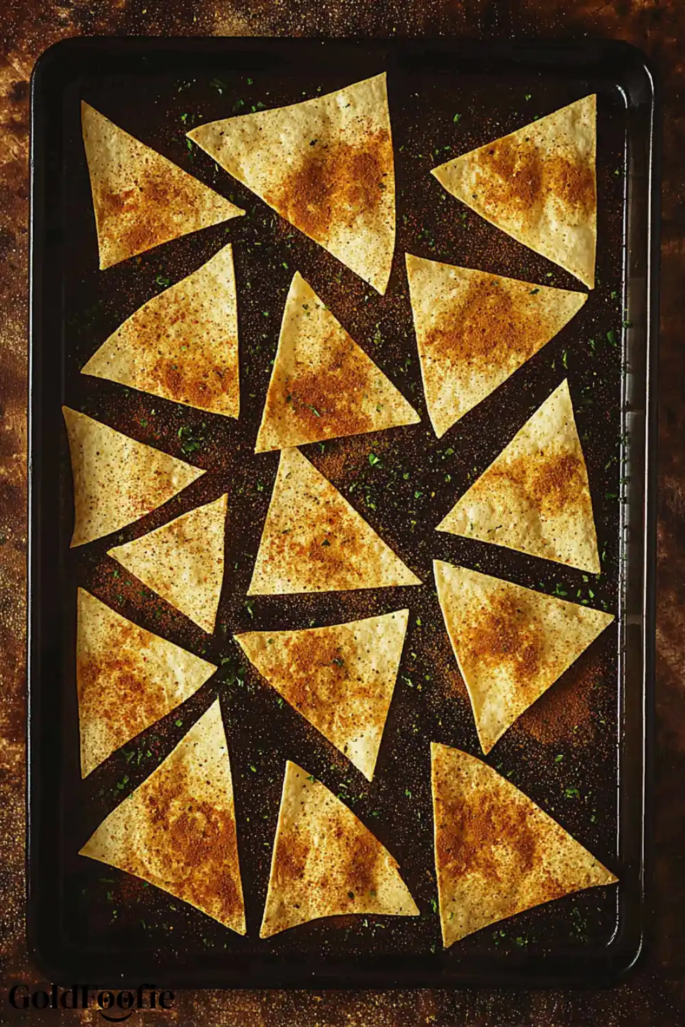 Spiced Tortilla Chips Tortilla chips laid flat on a baking tray