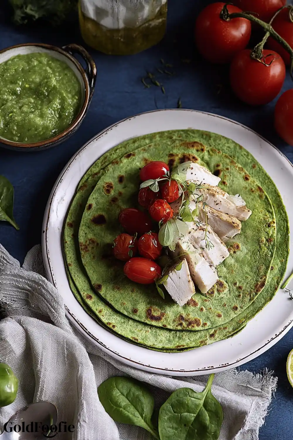 Spinach Wrap with Chicken and Roasted Tomatoes Spinach tortilla served with grilled chicken and cherry tomatoes