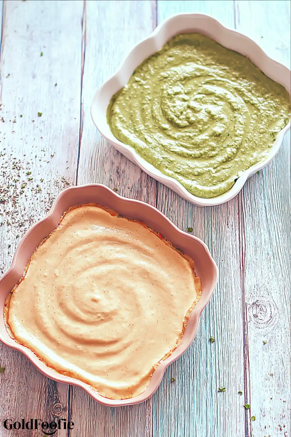 Split Pea Tortilla Batter in Two Colors Green and yellow split pea batter in mixing bowls