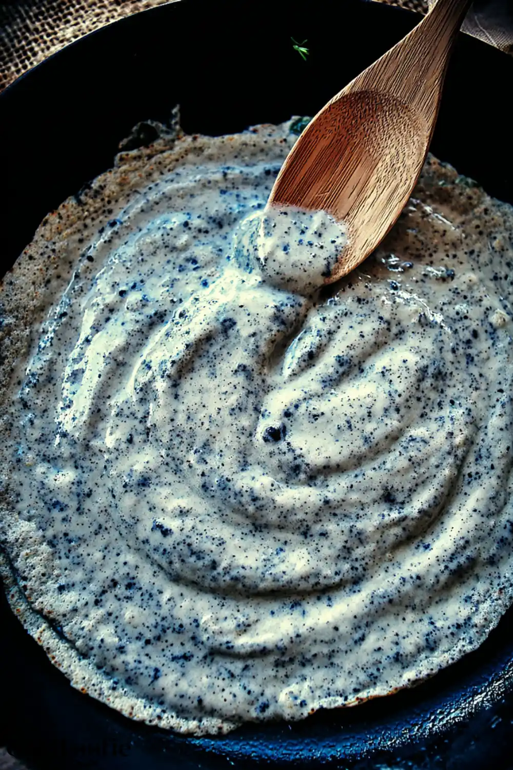 Spreading Black Bean Batter for Tortillas Black bean batter spread with a spoon in skillet