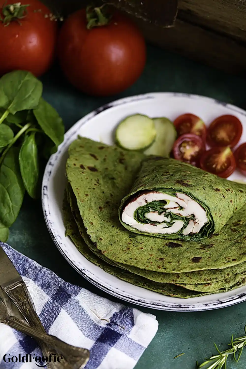 Turkey Spinach Wrap in Grain-Free Tortilla Spinach tortilla wrap filled with turkey, spinach, and cream cheese