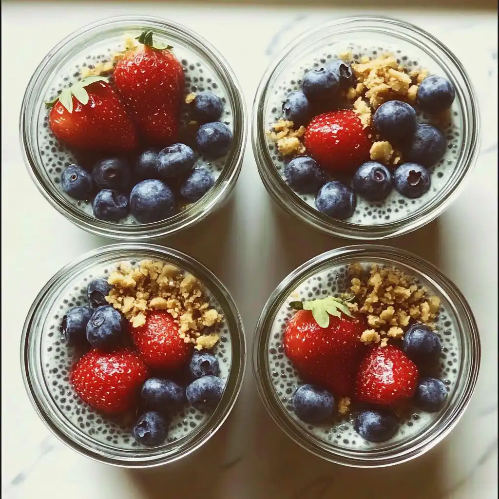 Vanilla Chia Pudding Meal Prep Meal-prepped vanilla chia puddings with fruit