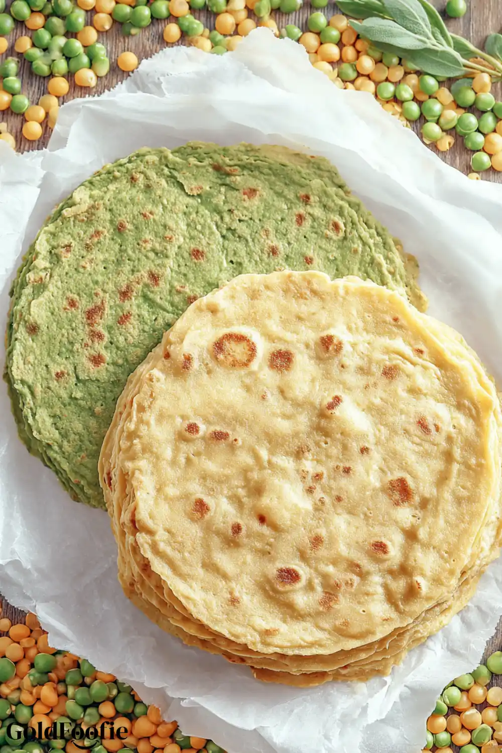 Yellow and Green Split Pea Tortillas with Dry Peas Cooked yellow and green tortillas displayed with dried split peas