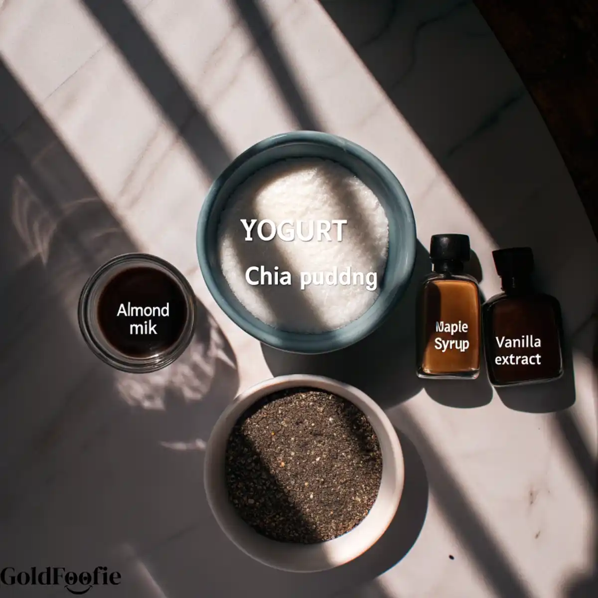 Yogurt Chia Pudding Ingredients Yogurt chia pudding ingredients flat lay in shadows