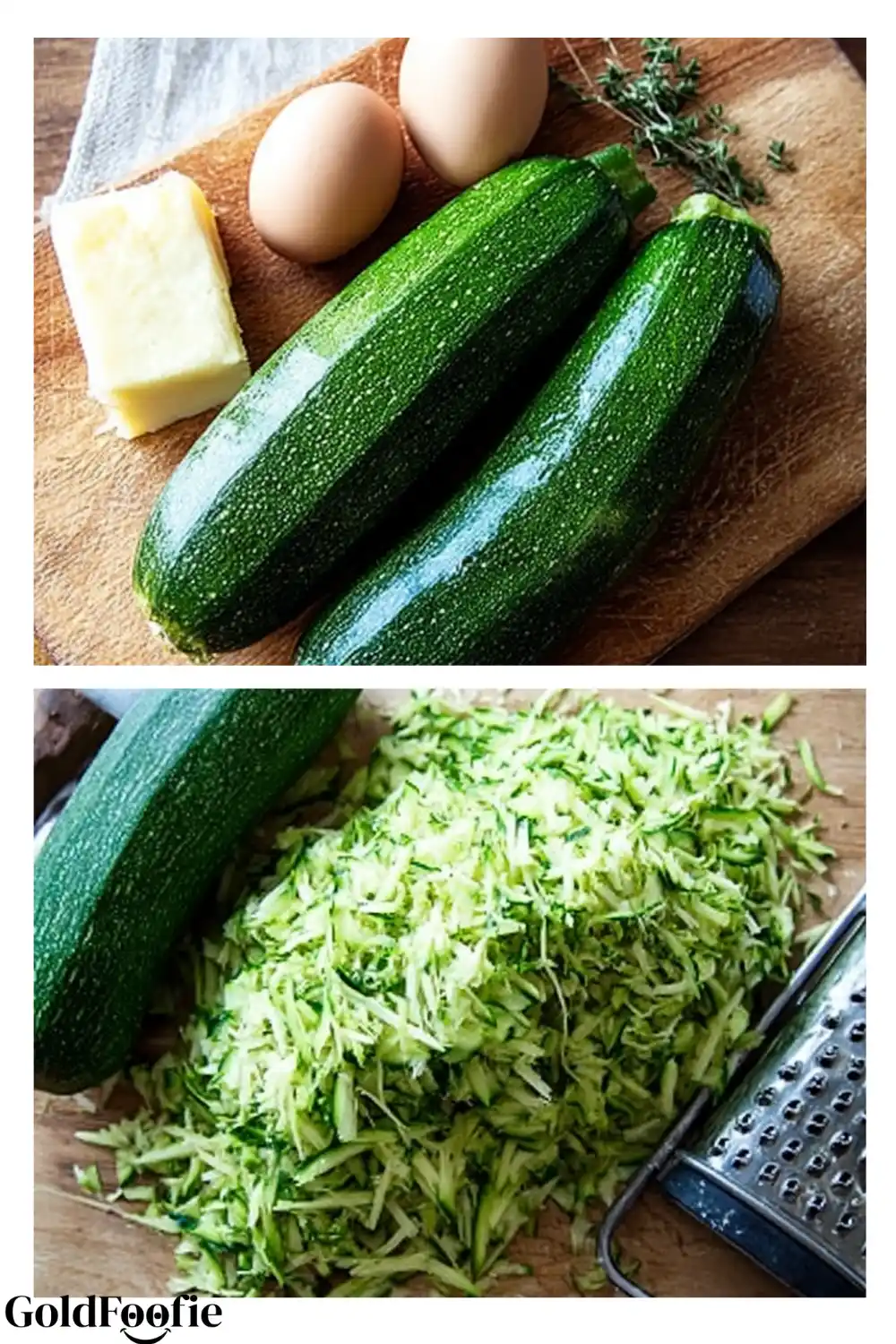Zucchini Tortilla Ingredients Prep Whole zucchini, eggs, cheese, and thyme on cutting board