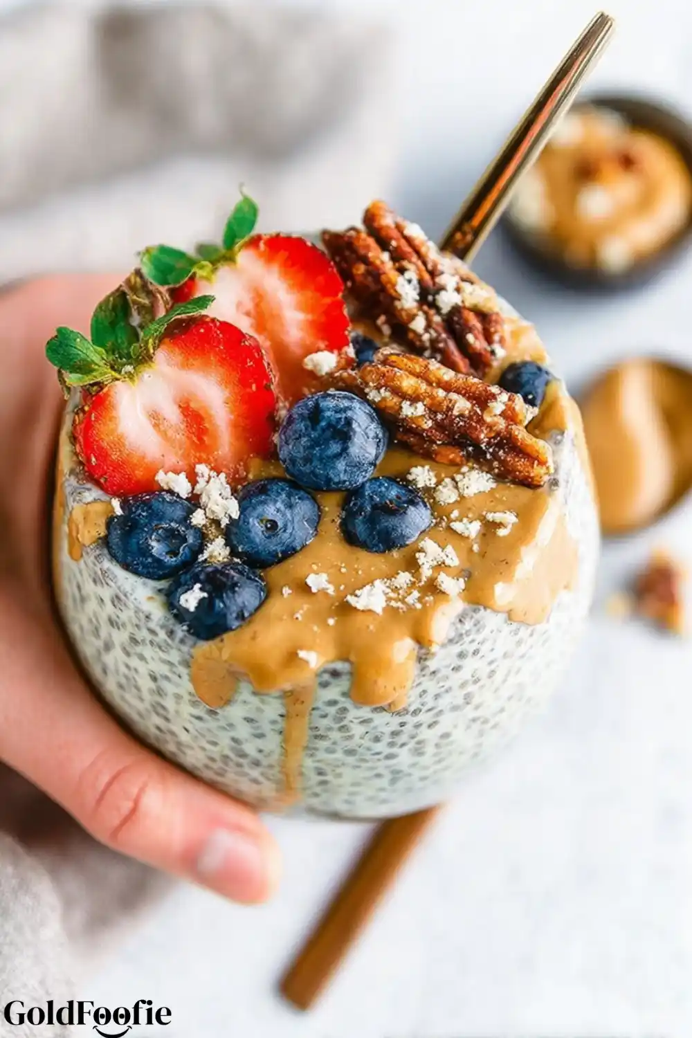 Berries and Peanut Butter Chia Pudding peanut butter Chia pudding and mixed berries.