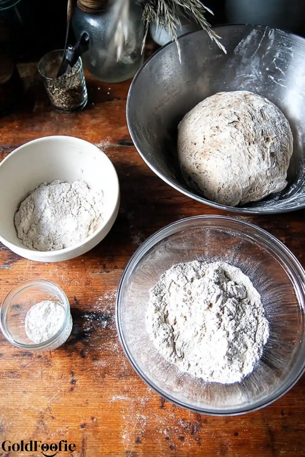 Bread Prep Table Scene Flour and bread dough preparation on a rustic kitchen table