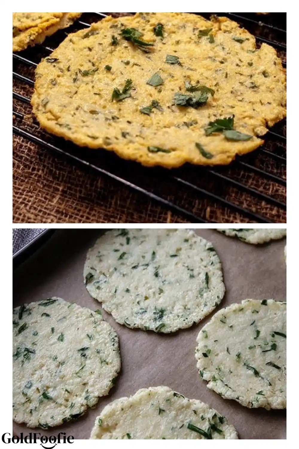 Cauliflower Tortillas Before and After Baking Cauliflower tortillas raw and baked side-by-side on baking sheet