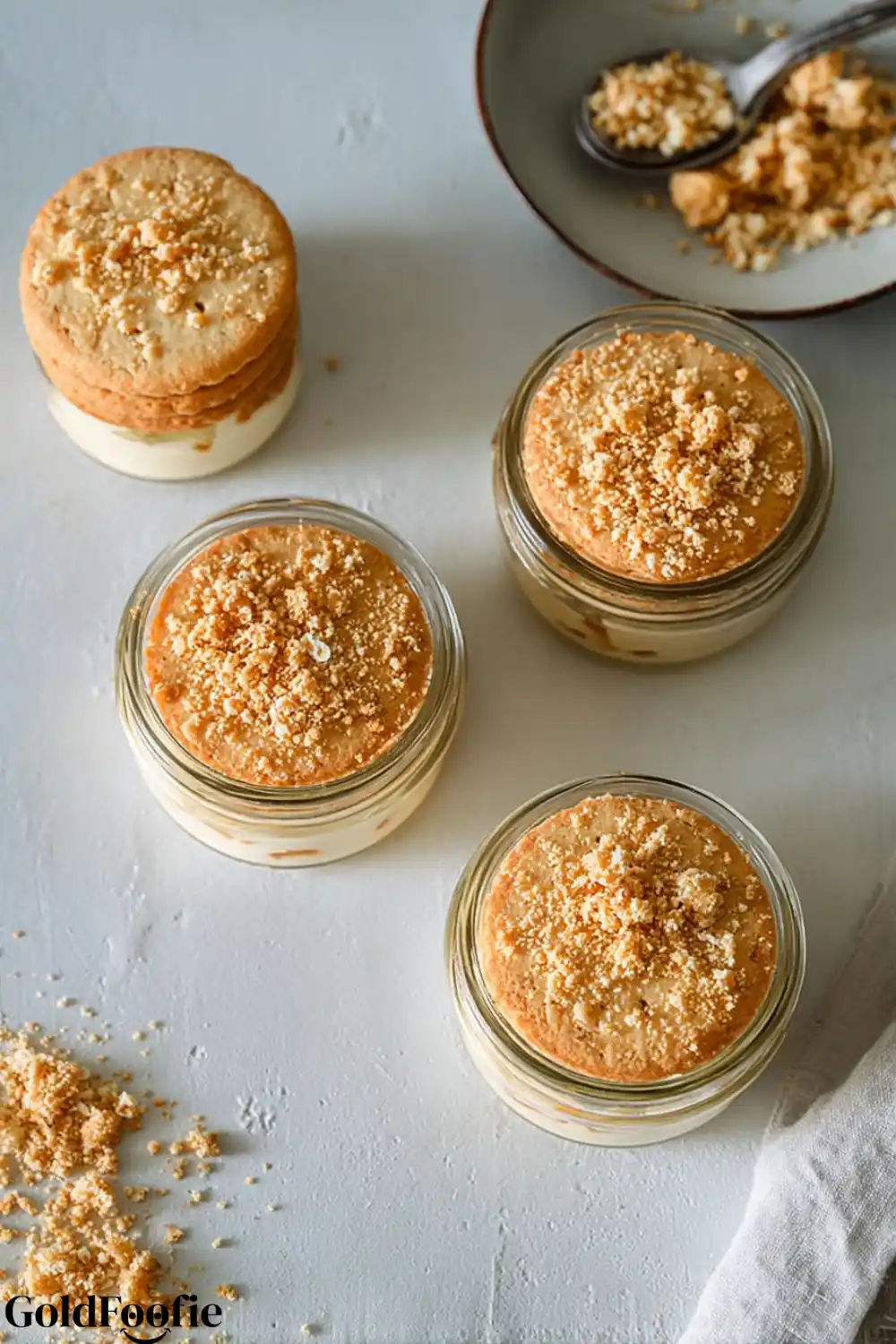 Chia Pudding Prep with Cookies and Yogurt Mini jars with crushed cookies and yogurt for pudding base