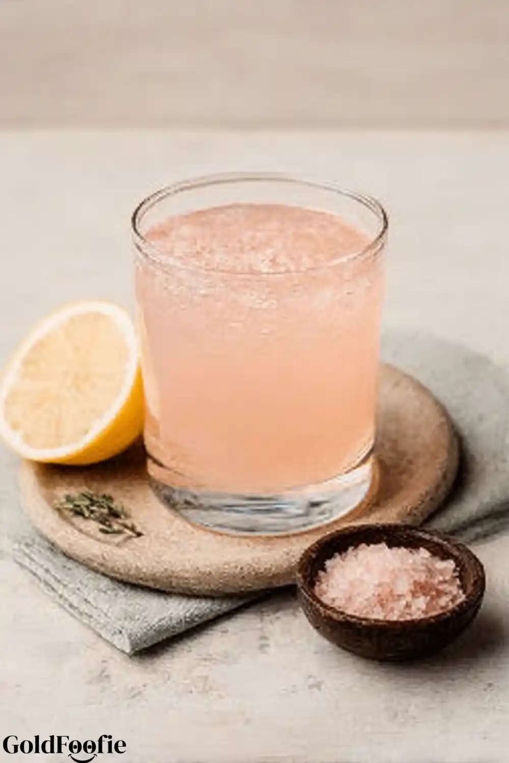 The Detox Weight Loss Drink That Actually Works 15 The Detox Weight Loss Drink in a short glass with lemon and a bowl of pink salt.