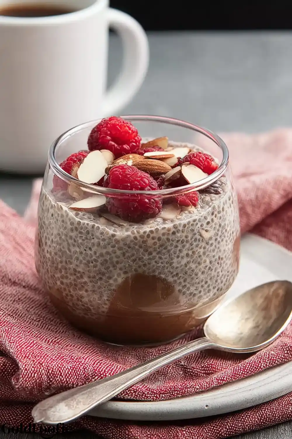 Cocoa Chia Jar Chia pudding in a jar with raspberries and almonds