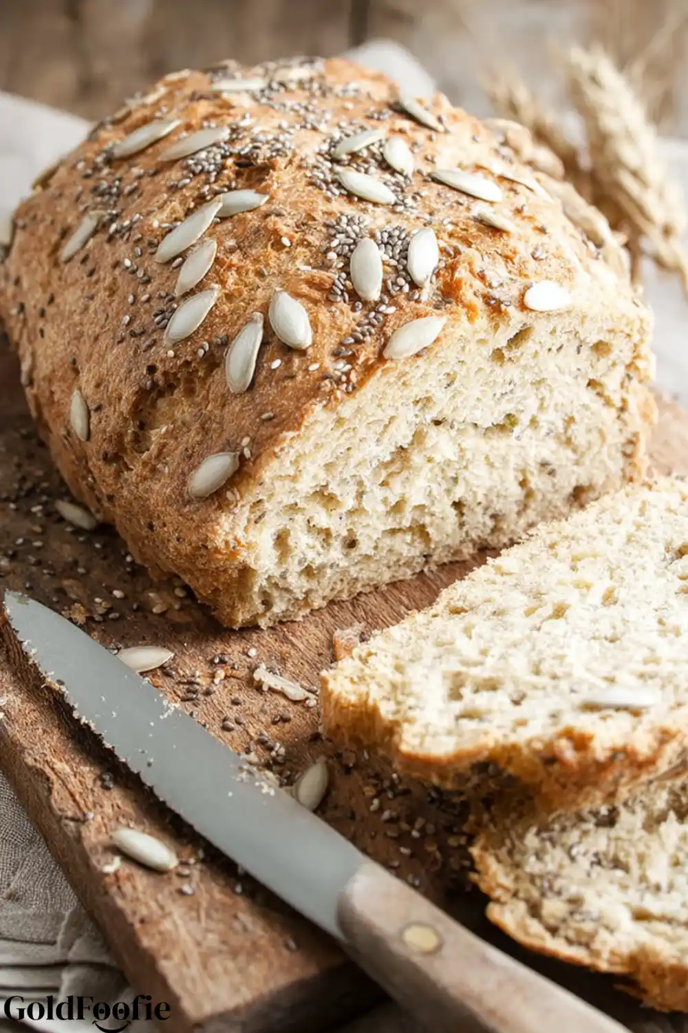 Healthy Homemade Diabetic bread recipes A loaf of Diabetic bread recipes with pumpkin and chia seeds, partially sliced.